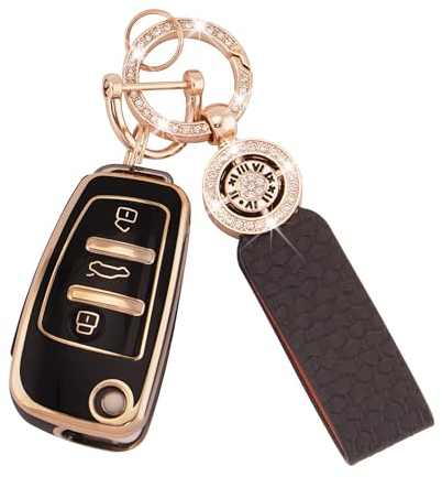 Koaudb Housse de clé de voiture pour Audi A1 A3 A4 A6 A8 Quattro Q3 Q7 S3 S6 RS3 RS6 R8 TT TTS 3 boutons Flip Key Case Coque de clé en TPU souple avec porte-clés en cuirOr noir (C-BP-Ad-3)
