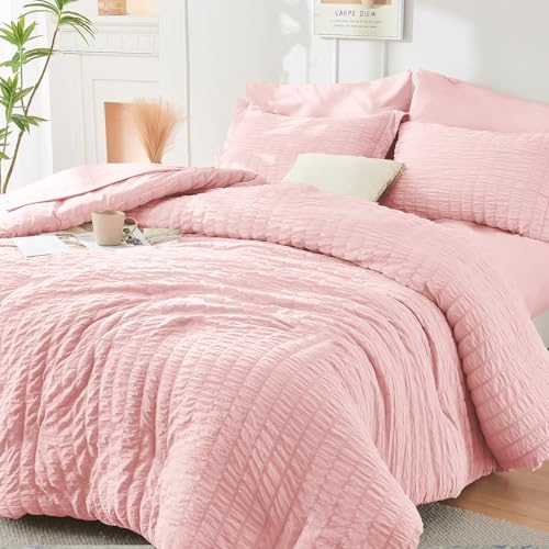 Luofanfei Seersucker Bettwäsche 200x200 Rosa Pink Sommer Gestreift Uni Wende Bettwäsche Set Doppelbett Microfaser Atmungsaktiv Leicht Bettbezug und Kissenbezüge 80x80 cm mit Reissverschluss