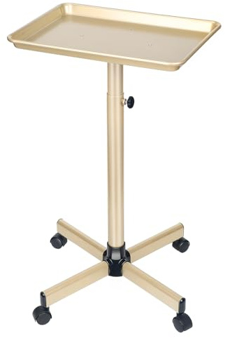 Qinrunkoi Salon Tray on Wheels, Metal Hair Stylist Tray with Adjustable Height, 17x13 Inch Top Shelf, 4 Wheels, Champagne Gold