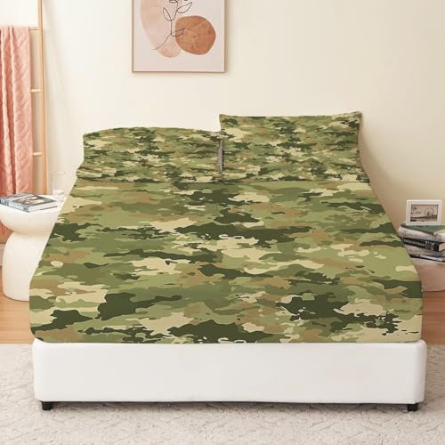 Mikrofaser Spannbettlaken Abbildung des Camouflage-Musters Ultra-weich atmungsaktiv Grün Bettlaken mit sicheren elastischen Kanten 140 x 200 cm für Zuhause Hotels und Studentenwohnheime