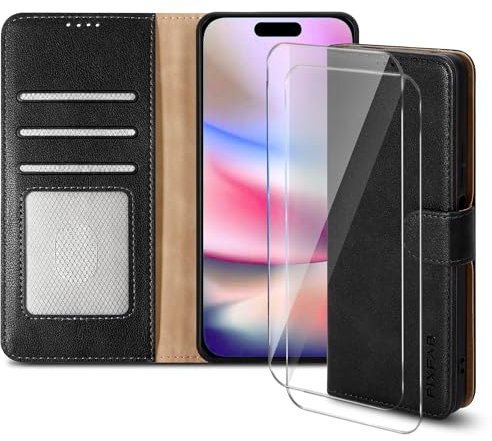 PIXFAB Case for iPhone 16 Pro with 2 x Screen Protector Tempered Glass, Leather Wallet Phone Case, Magnetic Book Flip Folio Cover [RFID Protection & Card Slots] and [Kickstand] - Black