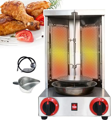 pedenencelia Máquina De Barbacoa Vertical Comercial, Temperatura Ajustable, Extraíble Y Lavable, Parrilla De Gas para Kebab con Rotación De 360°, para Asar Carne Y Verduras