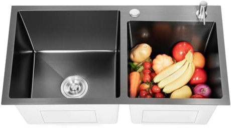 Fregadero de cocina doble de acero inoxidable con escurridor y dispensador de jabón, fregadero empotrado, 2 cuencos, 78 x 43 x 22,5 cm
