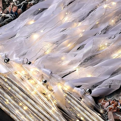 Whemyreat 50 StüCk Weiß Wedding Wands Mit Glocke,Romantic Spitze StäBe Mit HochzeitsbäNdern,ZauberstäBe Hochzeit Luftschlangen,Seidenfeenstab,FüR Hochzeiten Feiertagsfeiern Partys,Hochzeitsdeko
