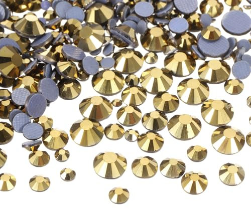 sourcing map 1450 Pcs Hotfix Rhinestones Flatback Crystal Glass Gems with Clear Bag Nail Art Kit for Crafts Clothes DIY Decoration 5 Sizes (SS6-SS30 Set,Light Gold)
