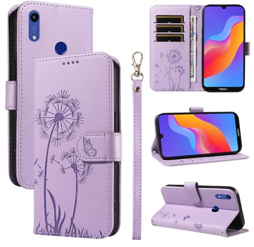 XFDSFDL® Cas de pour Huawei Y6 2019 MRD-LX1/LX3 (6,09 Pouces) PU Cuir Housse Flip Coque Pissenlit Motif avec Support Longe Fermeture Portefeuille Gaufrage Étui de Protection Violet