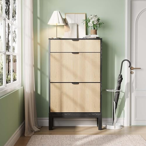 Litake Schuhkipper mit 2 Klappen, Schuhschrank Schuhkommode Schuhregal Schmal mit 4 Ablageflächen BBHT ca.: 61x105x24cm