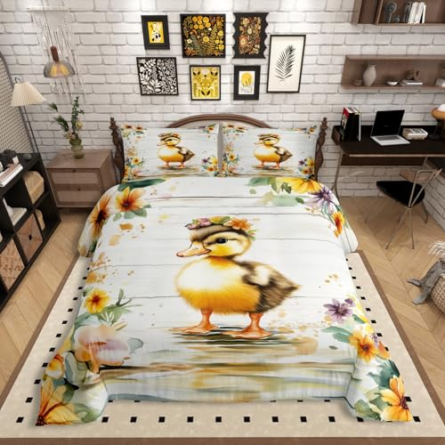 Homewish Ente Bettwäsche 135x200 Kinder, Blumen Tiere Bettbezug Niedlich für Mädchen Jungen, Gelbe Ästhetik Bett Set, mit 1 Kissenbezug Holzbrett Dekor, Weiche Mikrofaser
