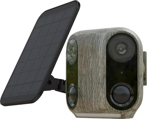 virtavo XM1, Telecamera WiFi Esterno Senza Fili, Doppia Lente Vista Panoramica 160°, Videocamera di Sorveglianza con Pannello Solare, Visione Notturna Starlight a Colori, Rilevamento PIR, Camouflage