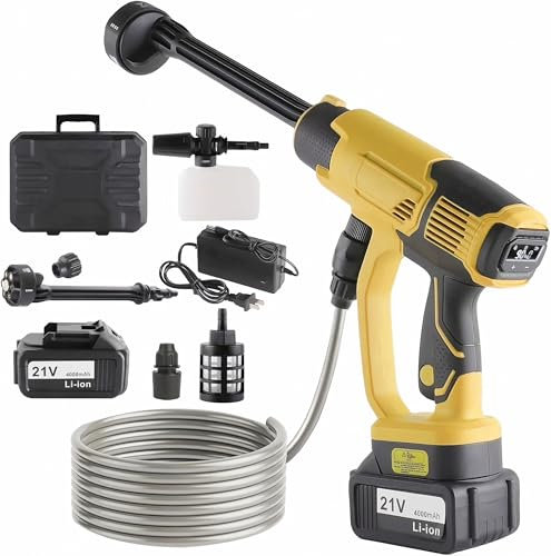 Nettoyeur Haute Pression sans Fil, 21V Max 60Bar Nettoyeur Haute Pression sur Batterie de 4,0Ah, Buse 6 en 1, Tuyau de 5M, avec écran LCD de Puissance et 3 Vitesses (avec 1 Batterie)