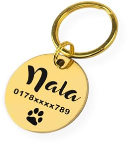 Etiquetas de Chapa Identificativa Perro y Gato de Mascotas Personalizada | Grabada Chapita para Placa Identificativa Collar Perros Accesorios | Dog Tags Personalized Engraved (Oro)