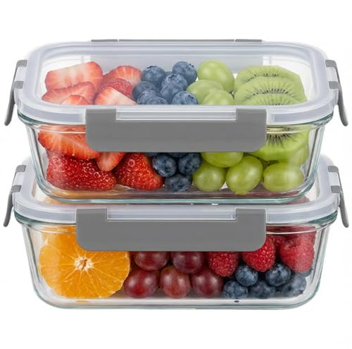 OFFASST Glas Frischhaltedosen Set & Meal Prep Boxen, 2x370ml Borosilikatglas Behälter mit BPA-freiem Deckel, Food Storage Container für Mikrowelle, Gefrierfach & Spülmaschine
