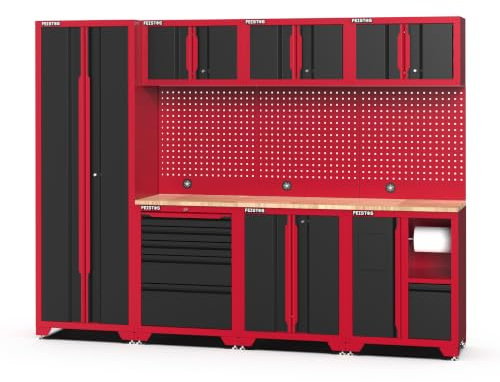 FEISTOS Werkstatteinrichtung Novo 7 264x46x198 cm Rot/Schwarz Werkbank | Die Kabelführung verläuft direkt in der Lochwand, ergänzt durch Mülleimer, Papierrollenhalter und höhenverstellbare Füße.