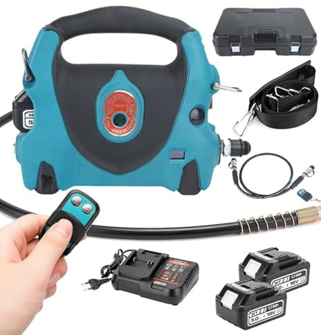 FLNOZAMZ Pompe hydraulique électrique, Pompe hydraulique Portable Rechargeable avec 2 Batteries, Groupe électro-hydraulique 70 MPa à Double Effet avec télécommande (Blue)