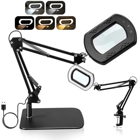 15X Rechteckige Lupe, 5 Farbmodi Stufenlos Dimmbar 2-in-1 Schreibtischlampe und Klemme, LED Beleuchtete Lupe mit Licht und Ständer, 360° Schwenkbarer Arm für Handwerk Hobby Malerei Schließen Arbeit