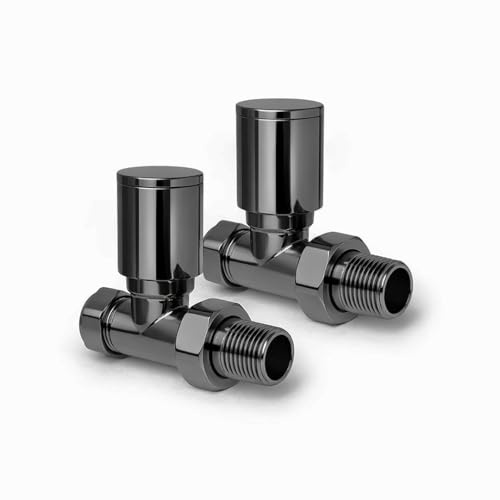 Go Bathrooms Straight Radiator Valves 15mm Grey Round | Pair of modern round top straight radiator valves for heated towel rails and central heating. Gunmetal grey.