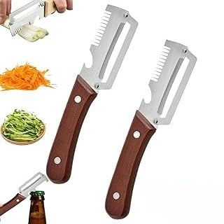 FOUTP 2 Pezzi Pelaverdure Multifunzione 3 in 1 in Acciaio Inox con Manico in Legno Sbucciatore Professionale Ergonomico per Frutta e Verdura con Affetta Cipollotti e Apribottiglie (B)