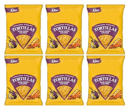 Tortillas Mature Cheddar & Red Onion Flavour Chips, Natural Ingredients, Gluten-Free, High Fibre, Vegetarian, 140g,Pack Of 6