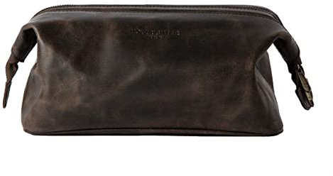 HOLZRICHTER Berlin - Kleine Kulturtasche aus Leder für Damen & Herren (No-5-1), Kulturbeutel 16x24x13cm, Echtleder Kosmetiktasche, Schokoladenbraun