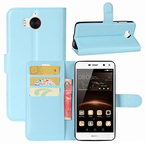 HualuBro Coque Huawei Y6 2017, Etui Housse à Rabat en PU Cuir Flip Leather Case Cover Antichoc Portefeuille Protection Stand Coque avec Slots de Cartes pour Huawei Y6 2017 (Bleu)