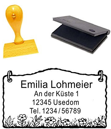 Holzstempel mit Adresse « ETIKETT MIT BLUMEN » inkl. Stempelkissen - Abdruckgröße ca.: 5x3 cm