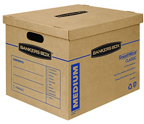 BANKERS BOX Medium Classic Moving Box 10 Pack, Reinforced Handles, Tape-Free Assembly, Box with Lid, 19-in x 14.5-in x 15.5-in (8817201)
