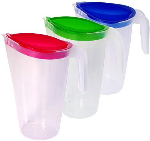 Home Line Saftkanne 1,5 L - 3er Set (blau, grün, rot) - Wasserkanne mit festsitzendem Deckel - Getränkekanne mit tropffreiem Außgieser - Wasserkaraffe Kühlschrankkrug Saftspender