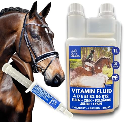 EMMA Pferde Vitamine hochdosiert I Vitamin b komplex & Mineralstoffe Pferde Liquid & Vitamin-Paste mit Vitaminen A D D3 E und B-Vitamine B12 B1 B2 B6 Folsäure Eisen Zink Selen Pferd 1 L 30ml