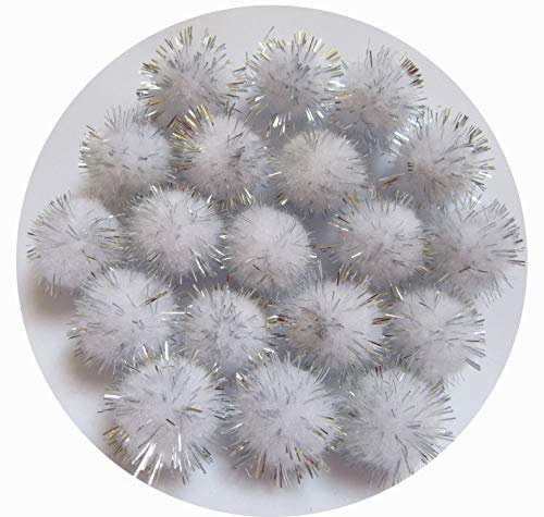 YYCRAFT Glitzernde Lametta-Pompons, glitzernde Kugeln für Bastelarbeiten, Party-Dekoration, Katzenspielzeug (25 mm, weiß/silberfarbene Lametta), 100 Stück