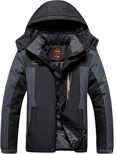 Treer Veste Imperméable pour Homme Blouson à Capuche, Grande Taill Hiver Chaude Coupe-Vent Manteau pour Montagne Randonnée Voyage Sports d'Extérieur Jogging Ski Camping (6XL,Noir)