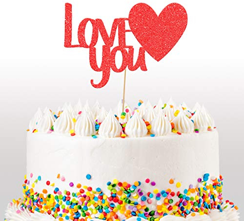 Cakeshop Valentines Glitter Cake Topper, I Love You Cake Topper Decoration, Anniversary - Double Sided 400gsm Glitter Card, Choice 14 of Colours and Loads of Styles (Red)