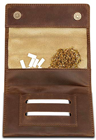 Indian Pearl Echtleder Tabaktasche mit extra Reißverschlußfach I Handgemachter Tabakbeutel I Drehertasche Leder, Tobacco Pouch, Drehbeutel, Drehtabak - Dunkelbraun