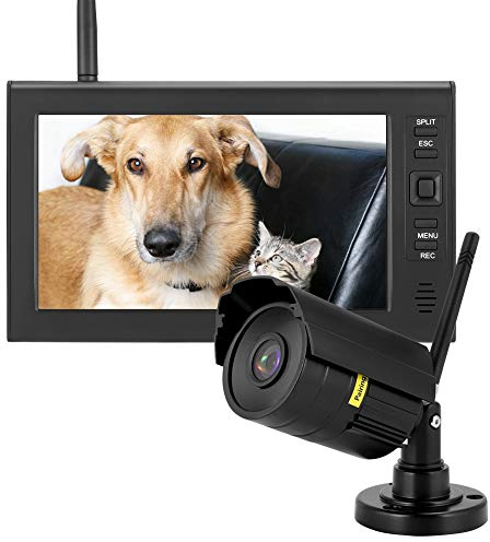 Caméra de Sécurité Extérieure Sans Fil,7 pouces LCD WIFI 4CH 2.4Ghz Caméras Surveillance Système de Moniteur de Sécurité Vidéo à Domicile HD Affichage des Caméras Intelligentes IR avec Carte 8G TF(UE)