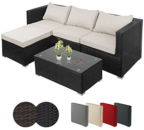 Montafox Poly Rattan Lounge Sitzkissen 8cm Gartenmöbel Ecklounge Frei Kombinierbare Elemente Ecksofa Gartengarnitur Garten Balkon Terrasse Outdoor, Farbe:Titan-Schwarz/Sandstrand