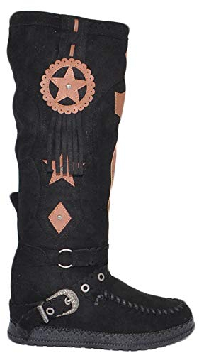 Stivali Donna Indianini Nero al Ginocchio con Frange Zeppa Interna 5 cm e Stemma Scamosciati Alti Moda (37 EU)