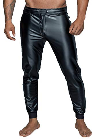 Noir Handmade Men Collection Herren Pants in schwarz Treggings Hose aus Powerwetlook Material mit elastischem Bund zum schüren L