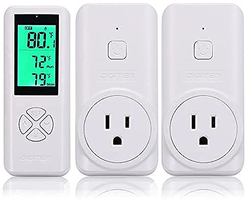 DIGITEN Toma de termostato inalámbrica (con 2 receptores), controlador de temperatura enchufable, controlador de temperatura de invernadero, enchufe de termostato de reptil, control remoto, sensor
