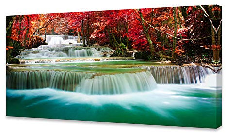 Cao Gen Decor Art S05150 Impression sur toile de cascade sur châssis avec arbres rouges, forêt et arbres rouges, pour chambre à coucher, salon, bureau, cuisine, décoration d'intérieur prête à être