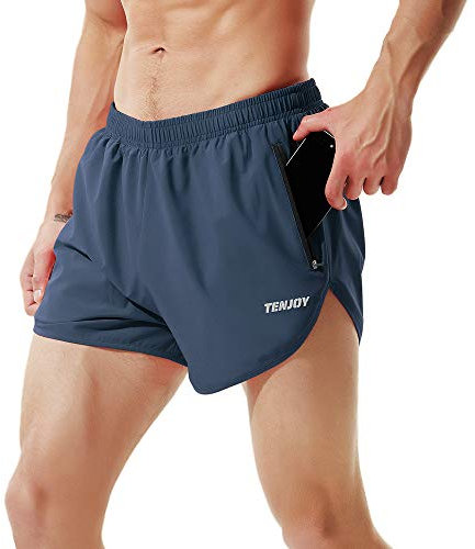 TENJOY Herren Laufshorts Gym Athletic Workout Shorts für Männer 7,6 cm Sportshorts mit Reißverschlusstasche Marineblau M