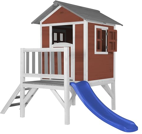 AXI Spielhaus Beach Lodge XL in Rot mit Rutsche in Blau | Stelzenhaus aus FSC Holz für Kinder | Kleiner Spielturm für den Garten.