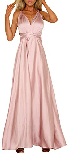 ORANDESIGNE Abito da Sera Donna Abito Lungo in Raso Senza Maniche Scollo a V Profondo Schienale Elegante Sexy Abito da Cocktail Festa Sposa Damigella Vestito a Fessura Cravatta A Rosa XS