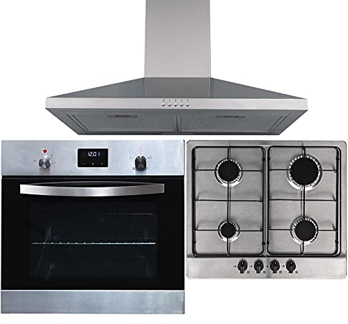 SIA SO114SS 60cm Stainless Steel Digital Electric Single True Fan Oven, SSG602SS 4 Burner Gas Hob with Enamel Pan Stands & CHL60SS Cooker Hood