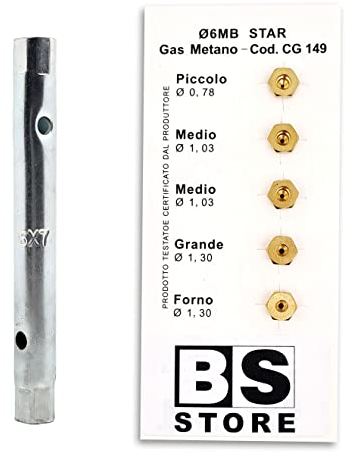 BSSTORE Llave de tubo 6/7 + 5 boquillas de 6 MB de gas metano universales para camas y hornos | Medidas (Pequeño 0,78-2x Medio 1,03 - Grande 1,30 - Horno 1,30) CG149