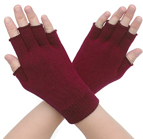 ZLYC Damen Wolle Halbfinger Handschuhe Winter Stricken Fingerlose Handschuhe(Einfarbig Dunkelrot)