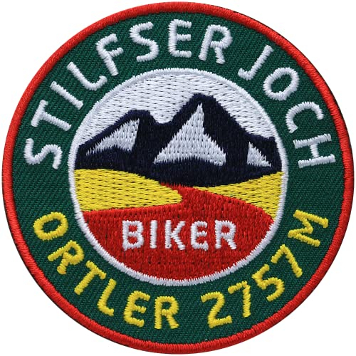 2 x StilfserJoch gestickt 62 mm/Alpen Pass Orter Italien Biker Rennrad Motorrad Tour Alpencross/Patch Patches Aufbügler Aufnäher Applikation zum Aufbügeln Aufnähen auf Kleidung Rucksack