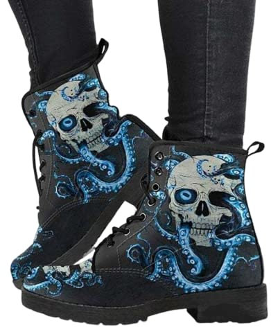 Minetom Damen Gothic Chelsea Boots Frauen Punk Stiefeletten Biker Boots Winter Knöchel Stiefel Mit Blockabsatz Gotisch Drucken Kurze Stiefel B Blau 39 EU