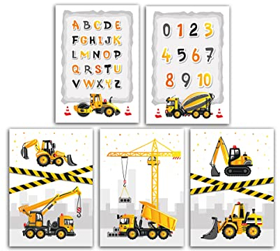 Poster-Set für Kinderzimmer Baustelle mit Zahlen und Buchstaben ABC für Jungen Deko für Jungszimmer Wandbilder Lernposter A4 ohne Rahmen (5-er Set)