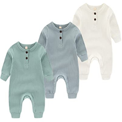 Chamie Baby Romper Newborn Knitted Jumpsuit Long Sleeve Baby Boys Girls Footless One-Piece Suit 0-24 Months,3 Pcs,Beige,Green,Blue