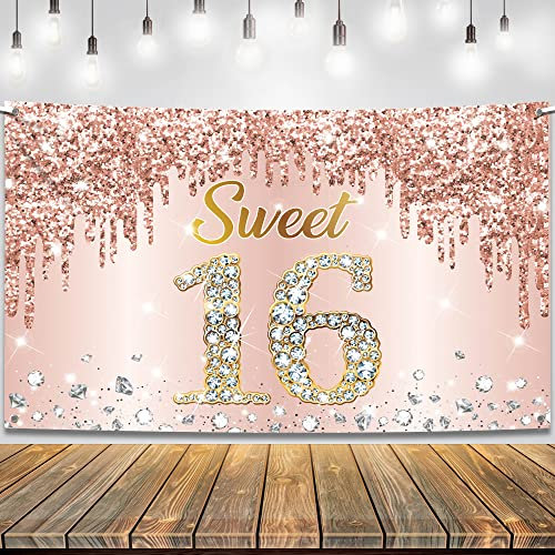 KatchOn, Sweet 16 Banner Roségold, groß, 180 x 110 cm | Sweet 16 Partydekorationen | Sweet 16 Hintergrund Sweet 16 Geburtstagsdeko | Sweet 16 Geburtstagsbanner, Sweet Sixteen Partydekorat