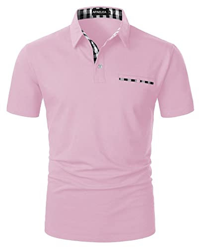 APAELEA Poloshirt Herren Kurzarm Einfarbig Freizeit Plaid Spleißen Golf T-Shirt,Rosa,XXL